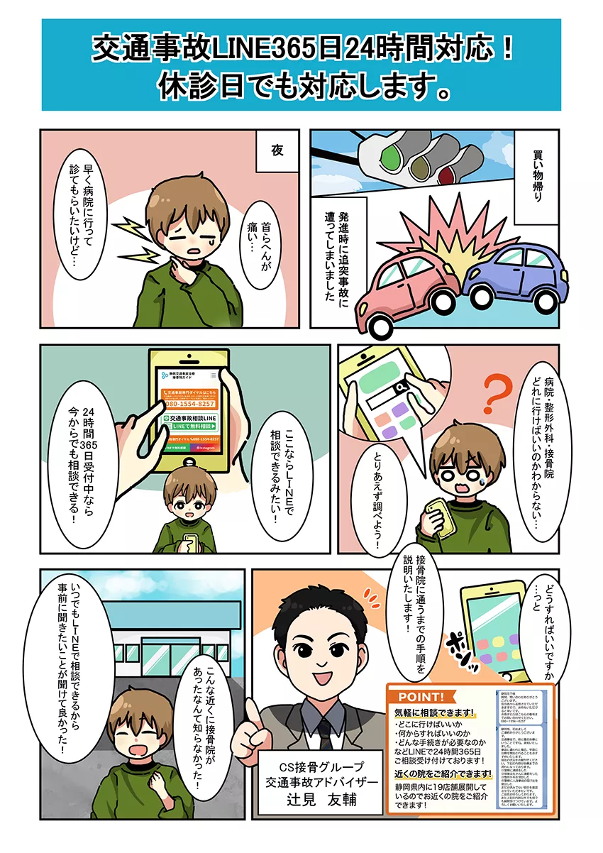 交通事故LINE365日24時間対応！休診日でも対応します。　買い物帰り　発進時に追突事故に遭ってしまいました　夜　首らへんが痛い…　早く病院いって診てもらいたいけど…　病院・整形外科・接骨院どれに行けばいいのかわからない…　とりあえず調べよう！　ここならLINEで相談できるみたい！　24時間365日受付中なら今からでも相談できる！　どうすればいいですか…っと　接骨院に通うまでの手順を説明いたします！　気軽に相談できます!　POINT　・どこに行けばいいか・何からすればいいのか・どんな手続きが必要なのかなどLINEで24時間365日ご相談受け付けております！　近くの院をご紹介できます!　静岡県内に23店舗展開しているのでお近くの院をご紹介できます！　こんな近くに接骨院があったなんて知らなかった！　いつでもLINEで相談できるから事前に聞きたいことが聞けて良かった！